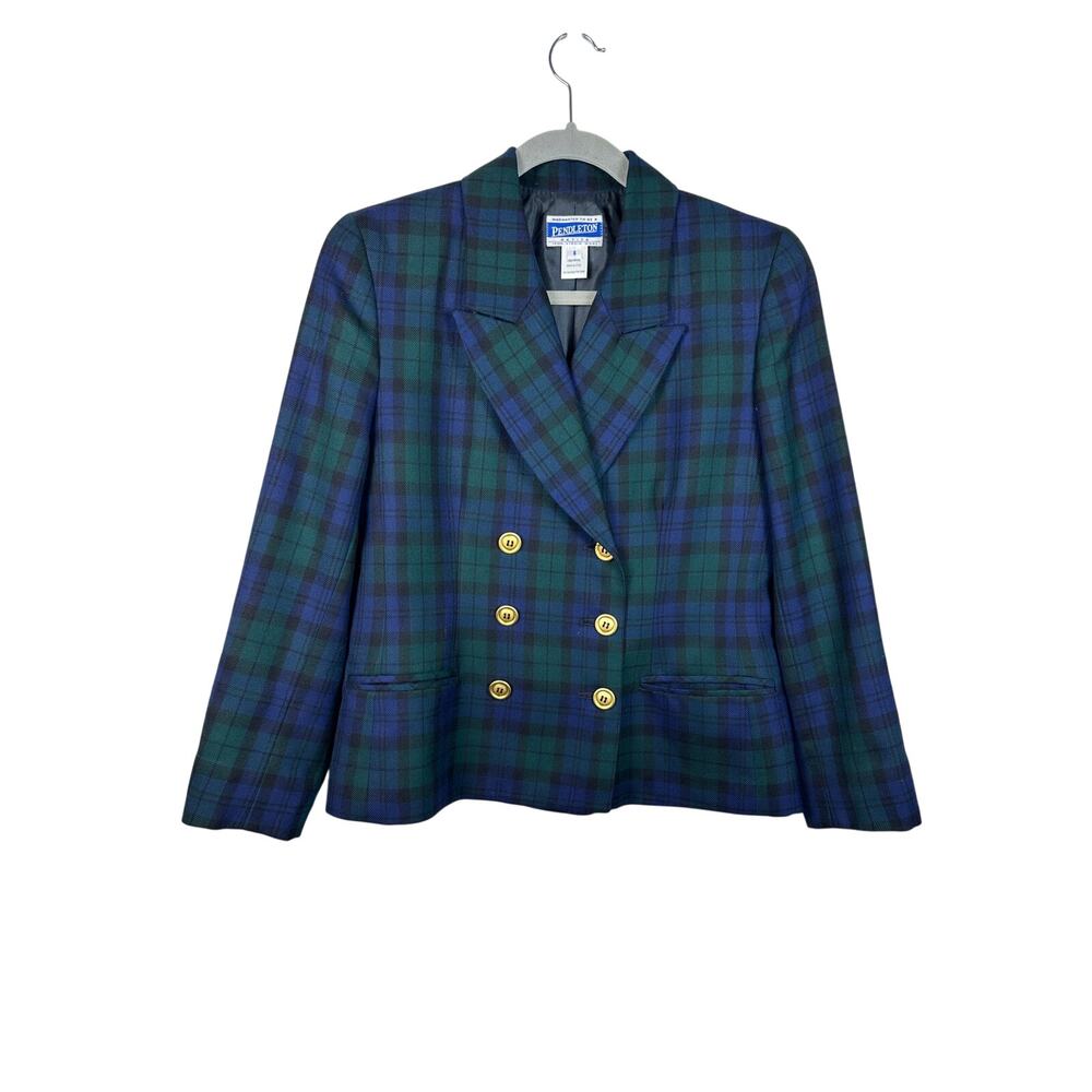 Pendleton Blazer Women 8 Petite Blue Green Plaid Excellent Wool Tartan USA
